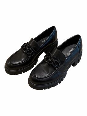 Michael Shannon Black Chunky Emilia Platform Loafers with Chain Detail Size 9